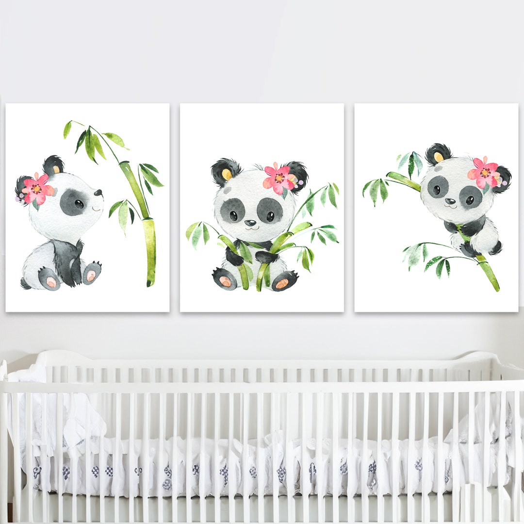 Panda Art Print Baby Girl Nursery Posters Wall Decoration Set of 3 Kids ...