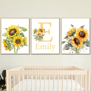 Decoração personalizada para quarto de bebê, nome personalizado, arte, berçário de menina, inicial de parede, monograma imprimível, conjunto de 3 placas florais de girassol, pôster digital