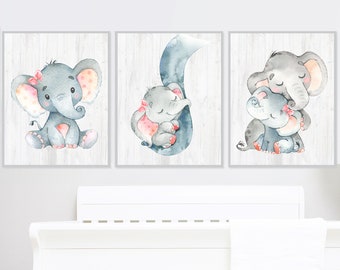 Ensemble de 3 affiches d'art mural pour chambre de bébé fille, éléphant, impression numérique, chambre d'enfant, toile numérique moderne pour tout-petit, gris rose