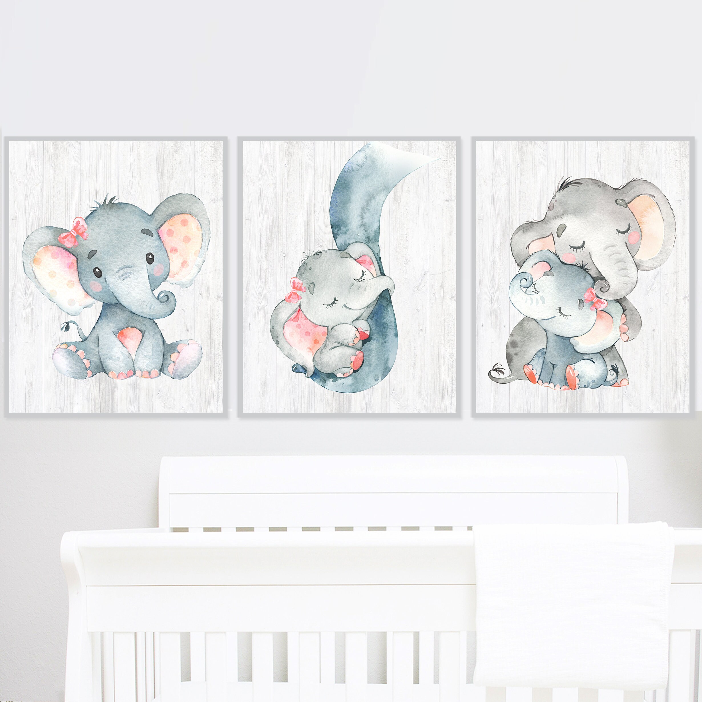 Baby Girl Nursery Decor Elephant Wall Art Prints Child Room Kid Set of ...