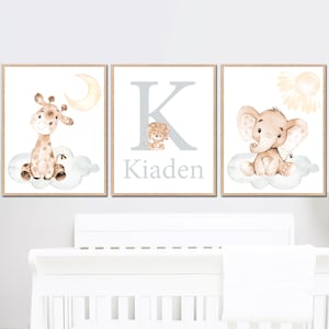 Nome personalizzato per bambini, arte neutra per la cameretta dei bambini, stampe iniziali, decorazione murale personalizzata con elefante, set di 3 regali per bambini, giraffa beige grigia