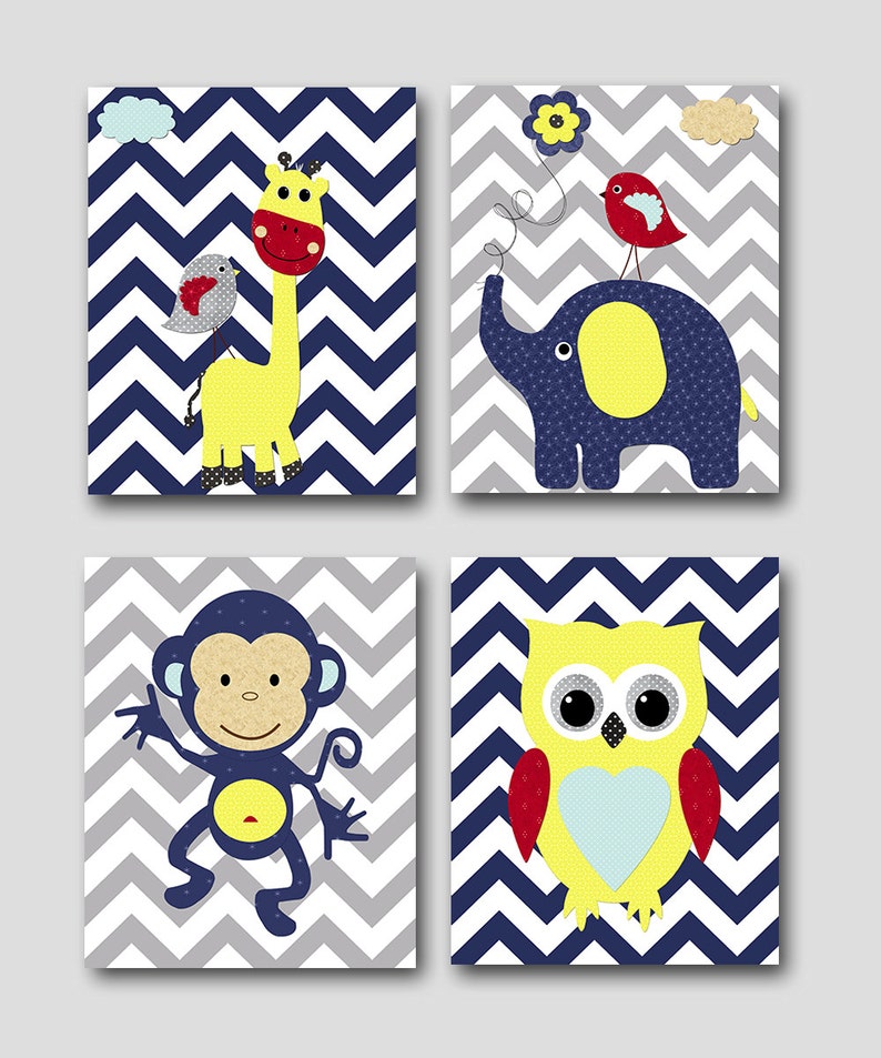 Navy Blue Grey Red Yellow Baby Boy Wall Decor Canvas Elephant Etsy