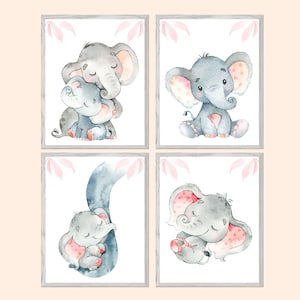 Decoración de dormitorio de niña, elefante, impresión de guardería, arte de pared para niños, juego de 4 pósteres para niños, lienzo imprimible, imágenes digitales de color rosa y gris para niños pequeños