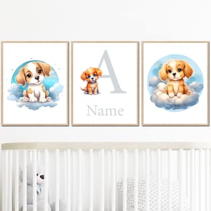 Arte della parete della scuola materna del cane Nome personalizzato del bambino Stampe Nuvole Poster Decoro iniziale Ragazza Ragazzo Bambino Camera da letto per bambini set di 3 immagini digitali nuovo regalo