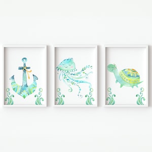 Creature marine stampabili per bambini Bagno Arte murale per bambini Asilo nido Oceano Decorazione Tartaruga Ancora Medusa Bambino Bambina Camera da letto Set di 3 tele Verde