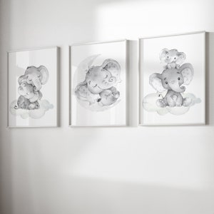 Decoración de pared con elefantes, impresiones artísticas para guardería de bebés y niños, juego de 3 pósteres para dormitorio infantil, tema neutro, imagen digital gris, regalo nuevo