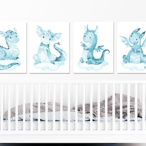 Stampe d'arte del drago Decorazioni da parete per la scuola materna del neonato Camera da letto per bambini Immagini per bambini set di 4 poster opere d'arte digitale su tela ad acquerello