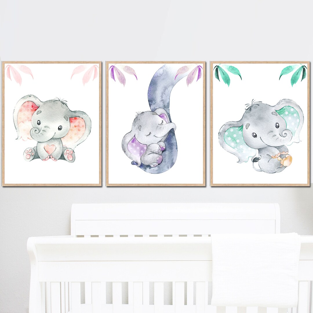 Baby Girl Nursery Room Decor Elephant Wall Art Print Kids Childrens ...