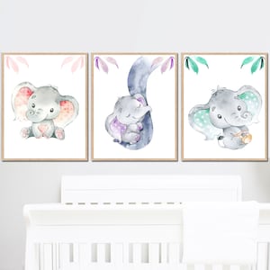 Baby Girl Nursery Room Decor Elephant Wall Art Print Kids Childrens Animals printable Canvas set of 3 Digital