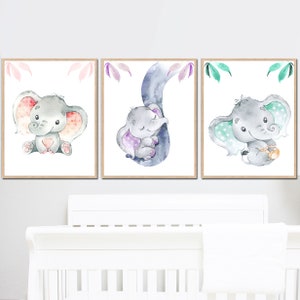 Bebé niña vivero habitación decoración elefante pared arte impresión niños niños animales imprimible lienzo conjunto de 3 sala de juegos digital pequeño cartel de regalo