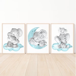 Decoración de pared con elefantes, arte imprimible para guardería de niños, pósteres para dormitorio de niñas y niños, imágenes con temas neutros, juego digital de 3 en gris y verde azulado