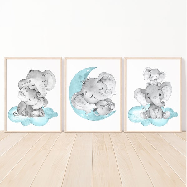 Elephant Wall Decoration Boy Nursery Art Prints baby girl Kids Room Children posters Neutral Theme Printable digital set of 3 gray teal