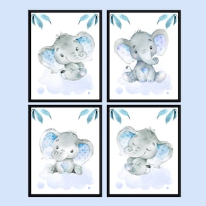 Decorazione per la cameretta del neonato, poster con elefante, arte da parete per la cameretta dei bambini, set di 4 immagini per bambini, adesivi su tela, regalo digitale per blu grigio