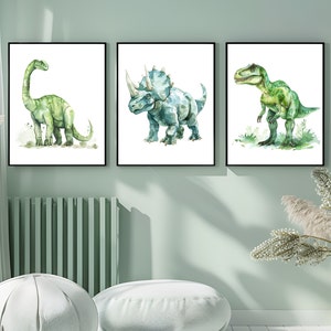 Arte dei dinosauri stampabile per la cameretta dei bambini, decorazione da parete per la sala giochi dei bambini, T-Rex, Triceratopo, Brontosauro, set di 3 immagini su tela, poster digitali