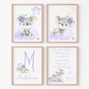 Nome personalizzato per bambini, Koala personalizzato, stampabile, poster d'arte per la cameretta dei bambini, set di 4 decorazioni murali per animali, versetti della Bibbia per bambini digitali