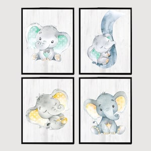Poster Baby Elefante Decorazione neutra per la cameretta dei bambini Stampa artistica da parete per bambini Camera da letto per bambini set di 4 immagini stampabili digitali giallo grigio menta