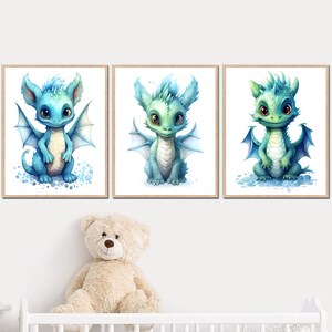 Dragon Nursery Wall Decor Baby Boy Camera da letto Stampe Poster artistico per bambini set di 3 immagini Tela Acquerello Digitale blu verde bambino piccolo