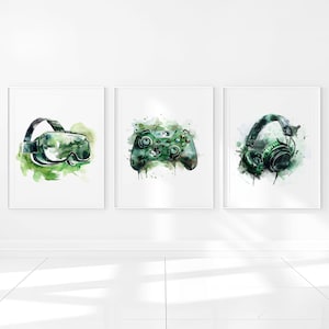 Gioco Stampabile Controller per Videogiocatori Decorazione da Parete Poster per Camera da Letto per Adolescenti Ragazzi Set di 3 Immagini Digitali per Bambini Regalo per Bambini Piccoli Tela Verde