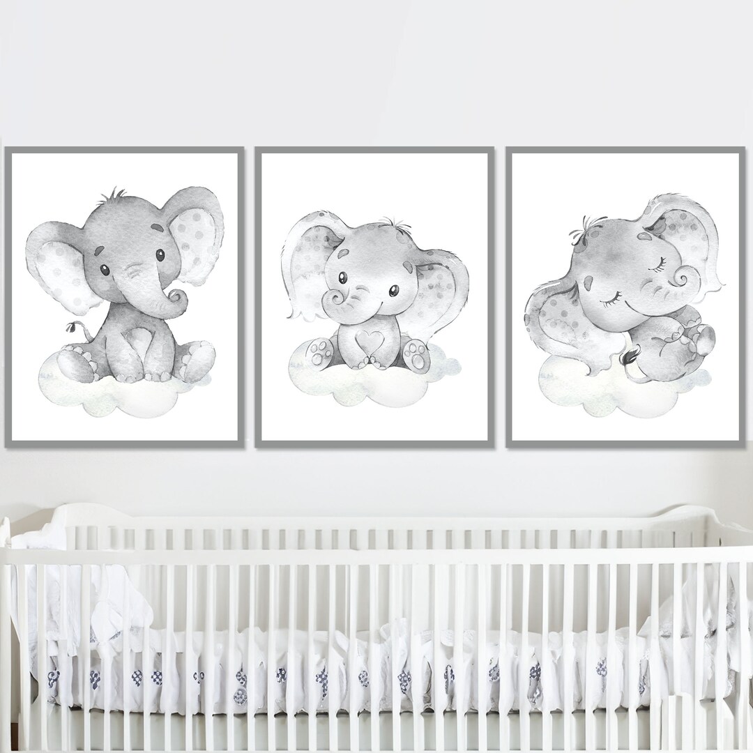 Neutral Elephant Wall Decoration Baby Boy Nursery Art Prints Kids Room ...
