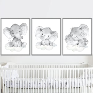 Decoración de pared de elefante neutro, impresiones artísticas para guardería de bebé niño, juego de 3 pósteres para habitación de niños, tema imprimible digital para niños pequeños /