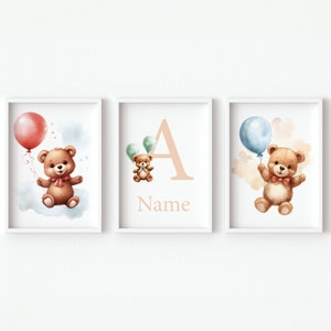 Oso de peluche pared decoración bebé niño vivero arte imprimible niños nombre personalizado personalizado niña dormitorio conjunto de 3 niños digitales cartel niña