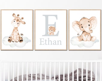 Custom Baby Name Neutral Nursery Art Initial Prints Personalized Elephant Wall Decor Boy Children girl set of 3 for Kids beige gray digital