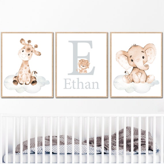 Custom Baby Name Neutral Nursery Art Initial Prints Personalized Elephant Wall Decor Boy Children girl set of 3 for Kids beige gray digital