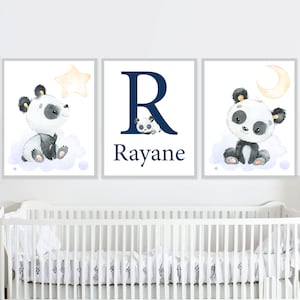 Bebé Panda Imprimir niño nombre signo vivero pared arte decoración carta inicial niños sala de juegos conjunto de 3 carteles lienzo personalizado niño digital
