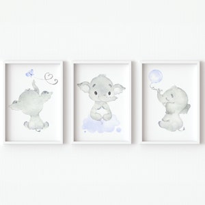 Decorazione da parete con elefante, poster per la cameretta dei neonati, stampa artistica per bambini, set di 3 camerette per bambini, grigio blu, stampa digitale, immagini regalo per bambini