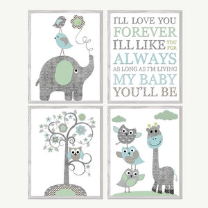 Stampa per la cameretta dei bambini, decorazione da parete per la camera da letto, immagini di elefanti, poster di giraffe, citazioni, set di 4, grigio e blu, digitale, piccolo bambino