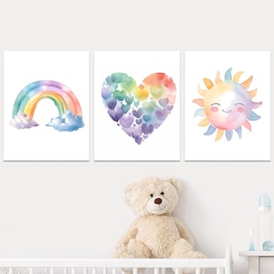 Set di 3 stampe artistiche da parete per bambini, con sole, cuore, arcobaleno, per cameretta dei bambini, immagine digitale per bambini piccoli