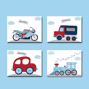 Treno auto Neonato Asilo nido Decorazione da parete Camion Bambini Arte stampabile Camera da letto per bambini Set di trasporto di 4 tele Blu navy Grigio Rosso digitale