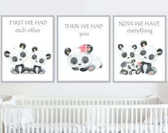 Panda Wall Decor Quote Art Baby Girl Nursery Print Kids Room Child set of 3 Posters first we had each other now we have you