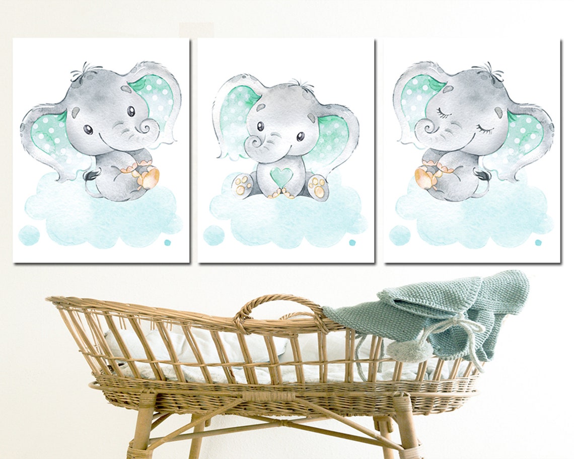 Elephant Art Prints Baby Boy Nursery Wall Decor Girl Room Children ...