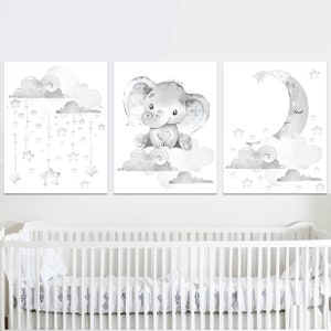 Luna e stelle Genere neutro Asilo nido stampabile Wall Art Baby Elefante Poster Ragazzo camera da letto Decor Set per bambini di 3 immagini digitali grigie per bambini