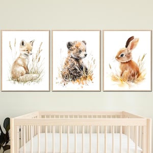 Póster de animales del bosque para guardería, imprimible, arte de pared para niños, decoración para dormitorio de bebé, juego de 3, zorro, oso, conejo, lienzo de acuarela digital para niños