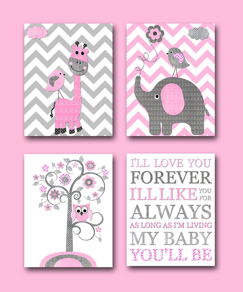 Pink Grey Baby Girl Wall Decor Elephant Giraffe Wall Decor Etsy