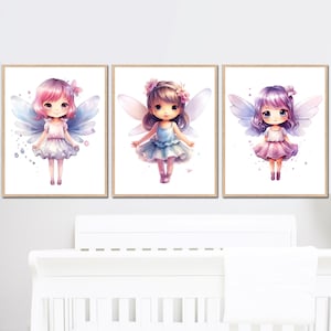 Decoración de pared para habitación de bebé niña, arte de hadas imprimible, pósteres para dormitorio infantil, juego de 3 imágenes para niños, sala de juegos digital, regalo digital