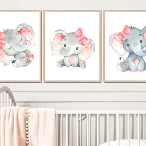 Girl Elephant Posters Baby Wall Decoration Nursery Art Prints Pictures set of 3 Kids room Printable digital Pink Gray image 3