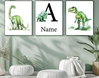 Custom Name Dinosaur Nursery Prints Personalized Baby Boy Room Wall Art Kids T-Rex Triceratops Brontosaurus set of 3 Pictures Canvas posters