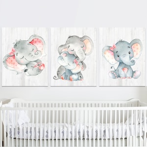 Juego de 3 impresiones artísticas de elefantes para decoración de pared de guardería de niñas, pósteres para sala de juegos de niños pequeños, pegatinas de lienzo, regalo digital pequeño en gris y rosa