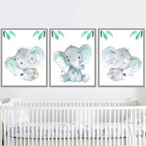 Elefante Neutro Bambina Bambino Asilo Nido Parete Arte Poster Stampa Bambini Decorazione Stanza Bambini Set di 3 immagini Digitale Grigio Menta /