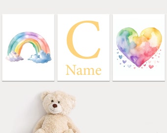 Baby Nursery Decor Rainbow Heart Custom Name Personalized Wall Art Girl Boy Room Print set of 3 Posters Child Kids ai Generated