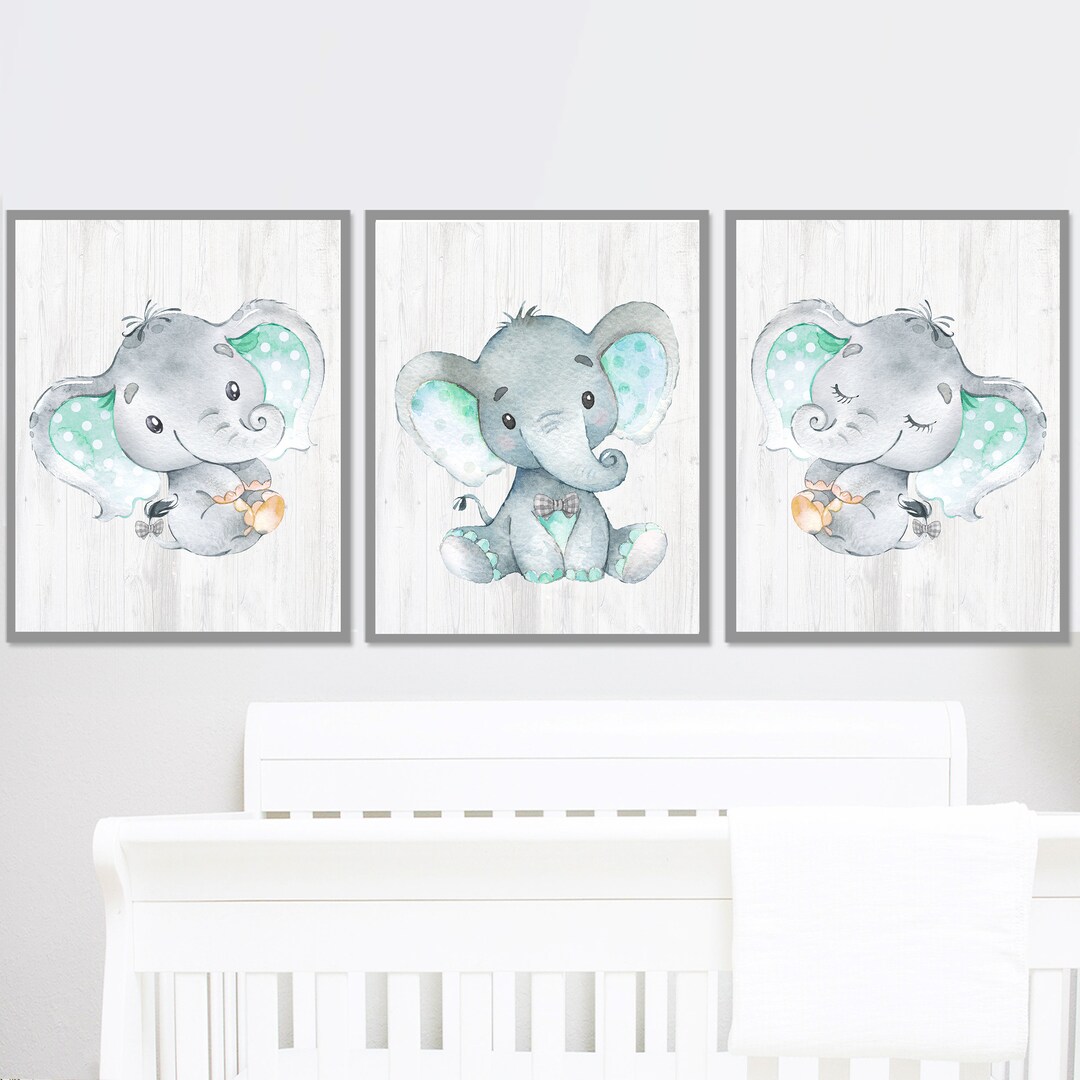 Elephant Art Print Neutral Baby Boy Nursery Wall Decor Children Room ...