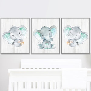 Stampa artistica di elefante Neutro Baby Boy Nursery Wall Decor Camera dei bambini Tela per bambini stampabile set di 3 immagini digitali di genere grigio menta