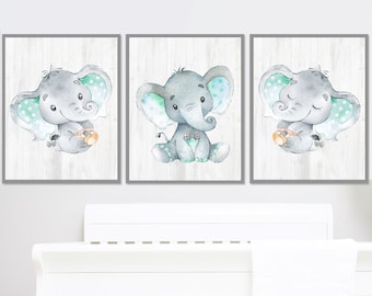 Impression d'art éléphant neutre chambre de bébé garçon décoration murale chambre d'enfants toile d'enfants imprimable lot de 3 genre numérique gris menthe