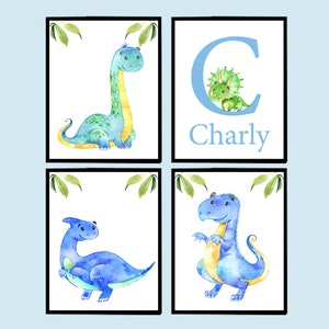 Impresiones de nombres de dinosaurios, letras personalizadas, obra de arte de pared con inicial personalizada, decoración de sala de juegos para niños y bebés, juego digital de 4 pósteres de lienzo para niños