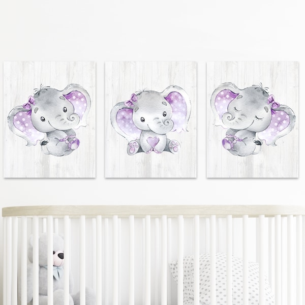 Elephant Wall Decor Baby Girl Nursery Print Artwork Floral Jungle Animals Room Pictures set of 3 Printable Digital Canvas Gray Purple
