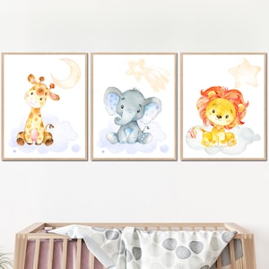 Poster della giungla Safari Decorazione da parete Baby Boy Nursery Stampa artistica set di 3 bambini Cameretta per bambini Giraffa Elefante Leone Stella Luna Grafica per sala giochi