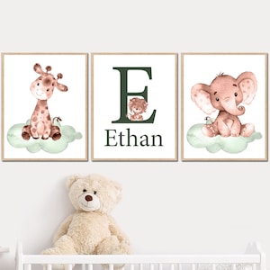 Decoración de pared neutra para dormitorio de bebé, niña y niño, pósteres para niños, impresión artística de animales de safari, nombre personalizado para niños, juego personalizado de 3 en beige y pastel